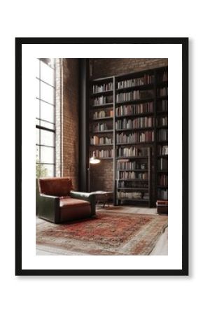 A large library with a brown leather chair and a lamp