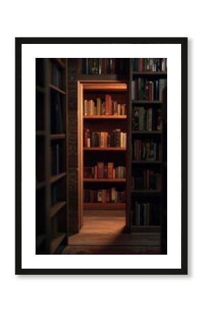 Secret bookcase door revealing hidden room filled with books.