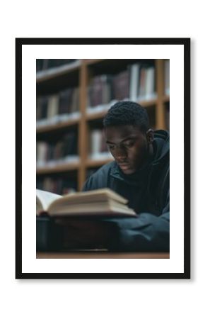 Black male student focused on his studies in a bright library, showing dedication and concentration