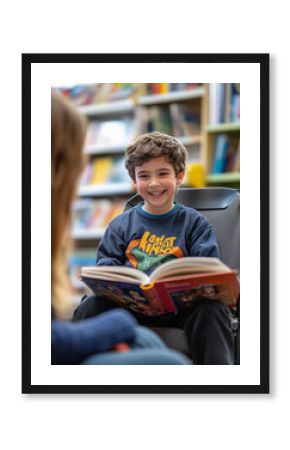 Young boy enjoys reading in a cozy library setting