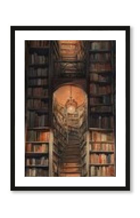 Person Ascending Library Stairs With Bookshelves and Glowing Lamps in an Old Building