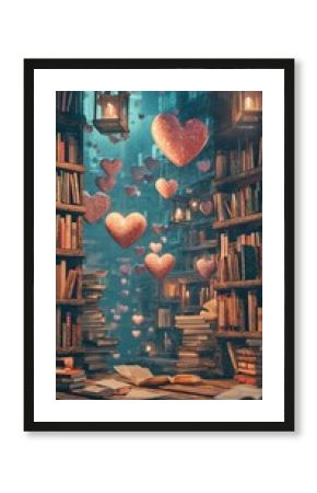 Magical Bookshelf with Floating Hearts and Lanterns in Dim Light