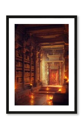 A vibrant image of an ancient temple library storing Vedic texts, with glowing oil lamps lining the shelves