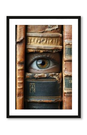 Human eye peering through aged vintage books, set against a worn library backdrop, mysterious and atmospheric ambiance, ultradetailed realism