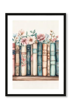beautiful watercolor illustration of bookshelf filled with vintage books adorned with flowers. soft colors and intricate designs create charming and inviting atmosphere