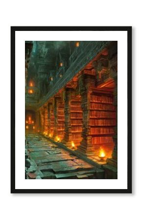 A vibrant image of an ancient temple library storing Vedic texts, with glowing oil lamps lining the shelves