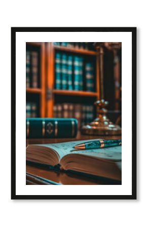 Open law journal, pen, and planner on a desk in a library setting