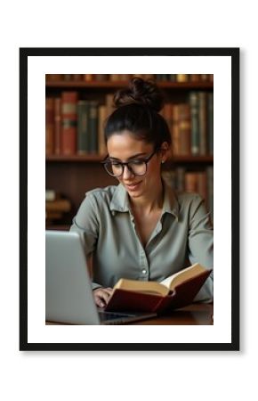 Confident female lawyer in a professional office setting, sitting at a desk with an open legal book, surrounded by law books, representing expertise, justice, and legal knowledge  