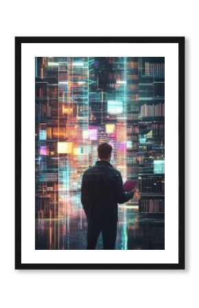 Exploring a digital library filled with colorful virtual books and advanced technology