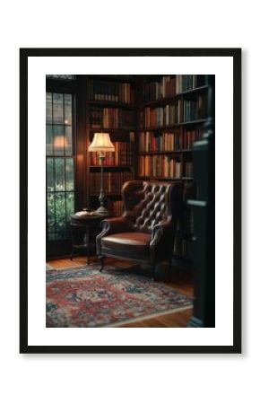 Cozy leather chair in a dimly lit library