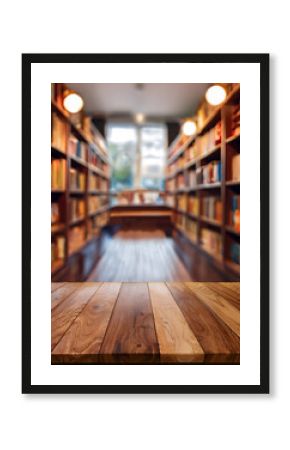 A wooden tabletop with a blurred background of a library aisle filled with bookshelves
