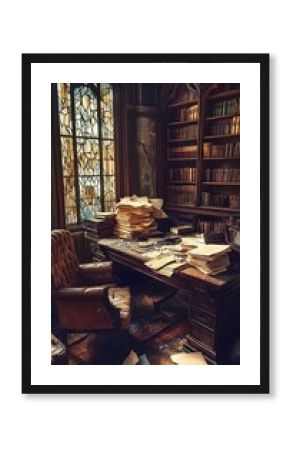 A dark library showing a desk with a book collection and window