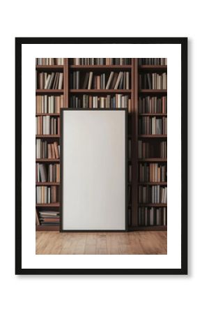 Tall vertical blank poster mockup standing in front of a bookshelf filled with books, modern library interior for branding and design presentations
