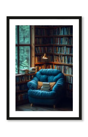 Cozy Reading Nook In A Home Library With Books And Armchair