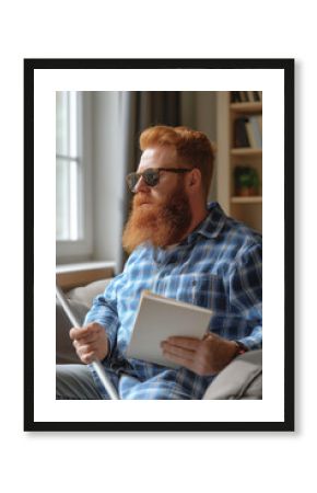 A visually impaired man wearing sunglasses and holding a cane while reading a book in a cozy library. A concept of accessibility, knowledge, and determination.