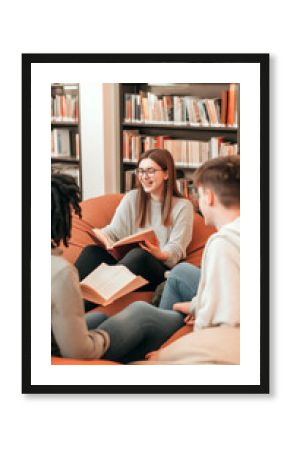 Young adults engaged in a lively book discussion in a cozy library