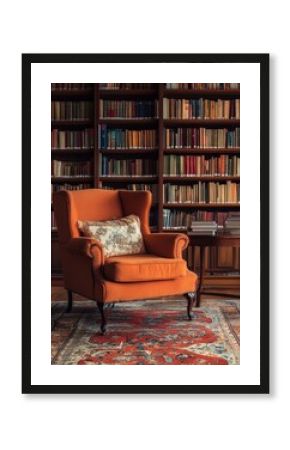 A home library filled with books and a comfortable armchair