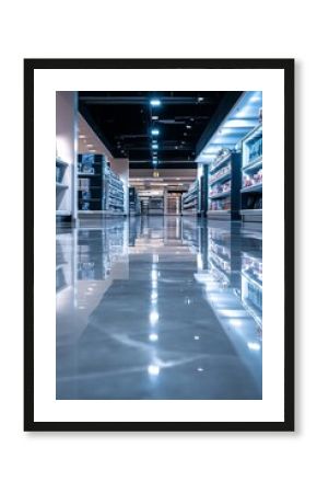 Shiny floor reflecting lights and a library store.