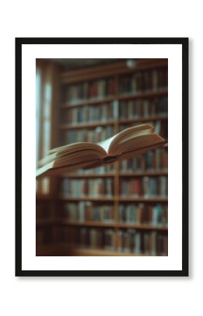 An open book suspended in mid-air inside a library filled with bookshelves. Concept of knowledge and education.