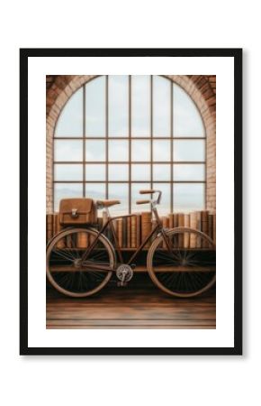 Vintage bicycle displayed against rustic bookshelf in cozy library setting capturing whimsical charm