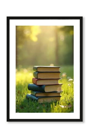 Stack of hardcover books rests on vibrant green meadow under sunlight. Natural light, bokeh, warmth, colors of spring, summer. Literature, education, reading hobby. Calmness, leisure, peaceful