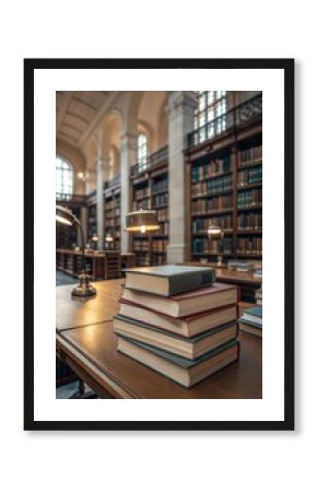 A stack of books placed on a desk in a public library. (Education)