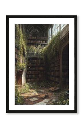Overgrown library books and vines, forgotten beauty.