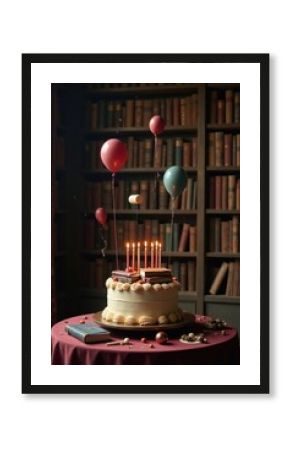 A celebratory cake adorned with miniature books and festive balloons, resting on a table in a room filled with bookshelves