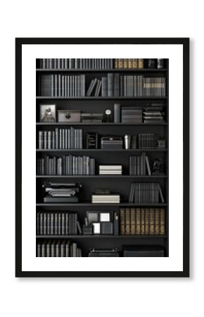Black and White Bookshelf Filled with Vintage Books and Accessories