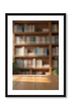 Blurred interior public library scene with bookshelves, wooden table. Defocused effect. Background backdrop for business education concepts. Education, reading, study, knowledge, learning environment.