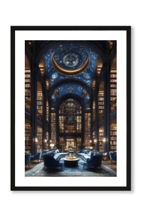 Grand library with celestial ceiling, plush seating, and towering bookshelves