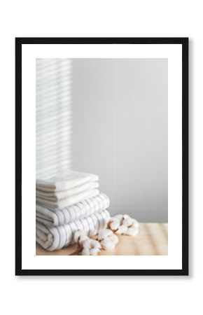 Bath fresh towels pile soft textile cotton body care neatly folded white gray laundry flower shelf