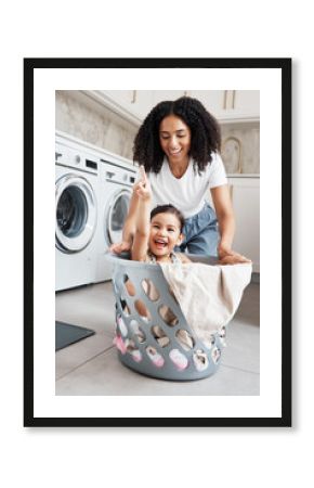 Mom, laundry and girl kid in basket by washing machine for cleaning, bonding or comic time in house. Crazy fun, mother and daughter with happiness, love and playing in family home with smile on face