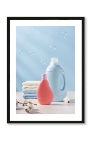 Blue and pink plastic bottle of laundry detergent with cotton towels and branch of cotton in the background. Delicate wash concept