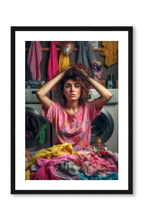 Generative AI frontal shot illustration of woman with worried face and gesture surrounded by dirty laundry