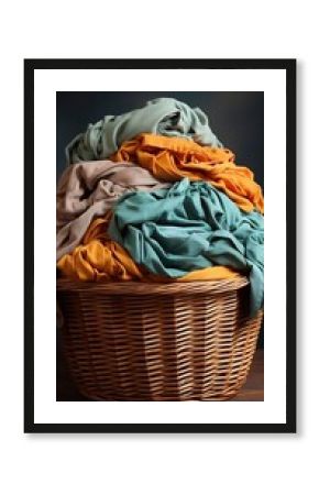 Dirty clothes in laundry basket on dark background. AI generated