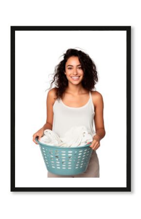 Young Latin American woman holding laundry basket and smiling at the camera. Isolated on white transparent background