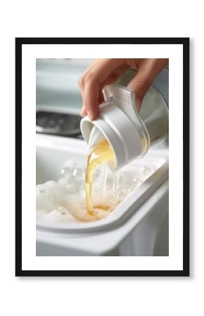 A woman's hand pours laundry liquid into a washing machine.