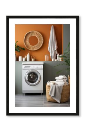 Washing machine stands modern two colored wall. Modern laundry’s room interior