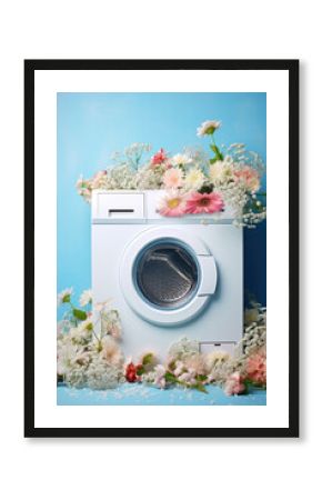 Spring freshness and the smell of washed laundry, a white washing machine in a meadow full of fresh spring flowers, laundry detergent and fabric softener.