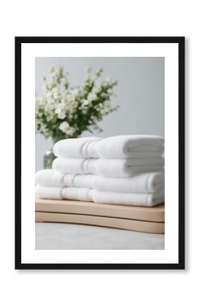 Light white spa towels pile, bath towels lying in a stack on light white peaceful background  