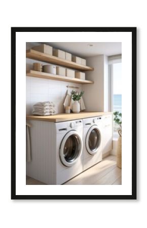 Beautiful modern laundry room, side by side washer and dryer. White design. Generative AI.