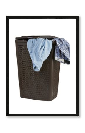 Bright clothes in a laundry closed basket on white background