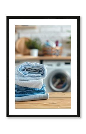 Laundry room interior with washing machine and stack of clean towels