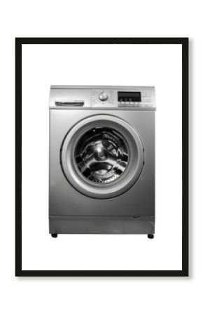 A modern silver washing machine on a clean white background. Perfect for household appliance concepts