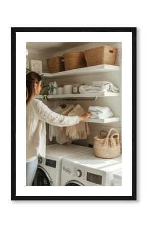 Housewife organizing clothes on shelves in laundry room