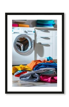 A pile of dirty laundry on the floor in the bathroom next to the washing machine.