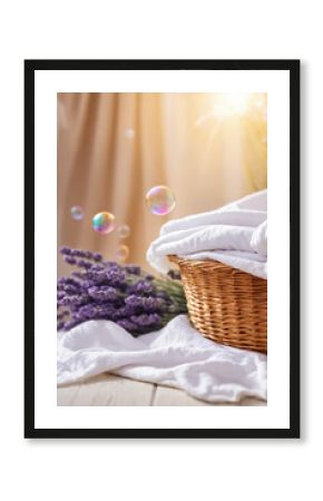 A basket with clean white laundry and soap bubbles on a blurred background with lavender flowers. House cleaning concept with spring chores cleaning textiles. Eco cleaning concept.