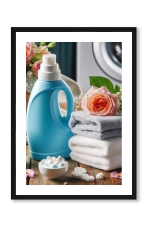 blue laundry detergent bottle sits on a wooden table next to a pile of white t