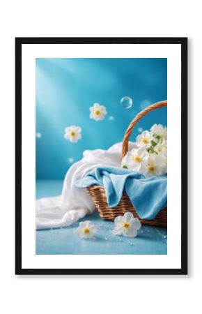 A basket with clean white laundry, flying soap bubbles and soft white flowers on a flat blue background. Spring home cleaning concept for banner, poster or product presentation with copy space.